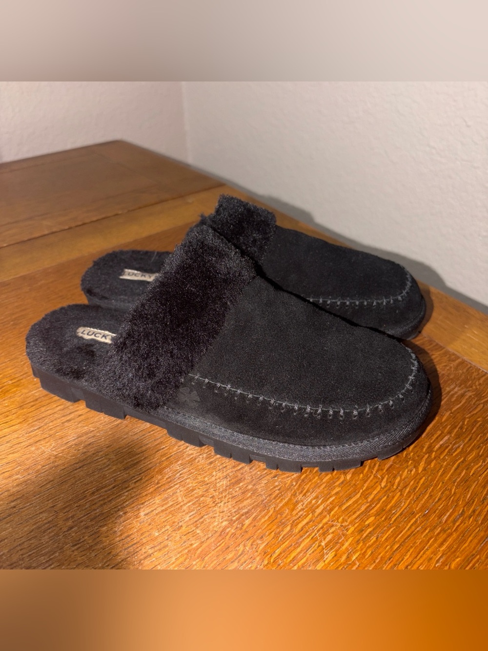 Lucky Brand Black Suede Fur-Trim Slip-On Loafers